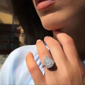 NEW 925 SILVER PEAR CUT TEARDROP DIAMOND RING